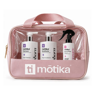 Kit Reborn mōtika Shampoo 450 ml + Bonditioner 450 ml + Dryme Crazy 300 ml + Cosmetiquera Rosa | Reparación, Suavidad y Secado Rápido