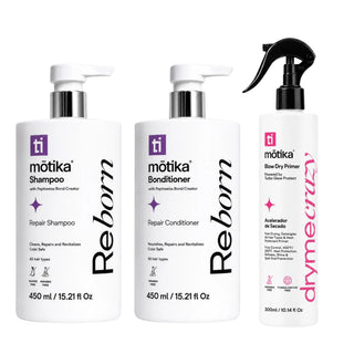Kit Reborn mōtika Shampoo 450 ml + Bonditioner 450 ml + Dryme Crazy 300 ml + Cosmetiquera Rosa | Reparación, Suavidad y Secado Rápido