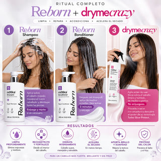 Kit Reborn mōtika Shampoo 450 ml + Bonditioner 450 ml + Dryme Crazy 300 ml + Cosmetiquera Rosa | Reparación, Suavidad y Secado Rápido