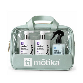 Kit Reborn mōtika Shampoo 450 ml + Bonditioner 450 ml + Good Hair Day 500 ml + Cosmetiquera Verde | Reparación, Hidratación y Protección Capilar