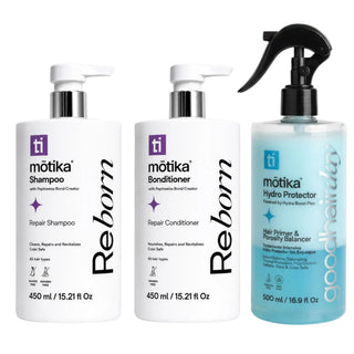 Kit Reborn mōtika Shampoo 450 ml + Bonditioner 450 ml + Good Hair Day 500 ml + Cosmetiquera Verde | Reparación, Hidratación y Protección Capilar