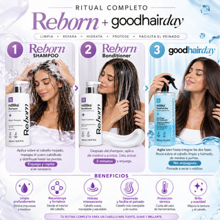 Kit Reborn mōtika Shampoo 450 ml + Bonditioner 450 ml + Good Hair Day 500 ml + Cosmetiquera Verde | Reparación, Hidratación y Protección Capilar